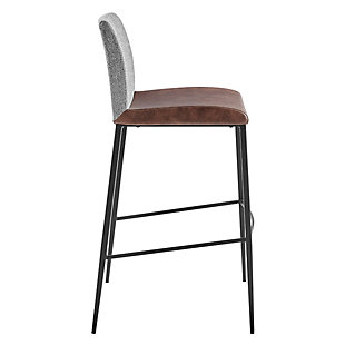 The neutral palette of the Rasmus Counter Stool makes it an ideal choice for a variety of different environments. The juxtaposition of the soft leatherette seat and the woven back fabric create a subtle but unique impression.Soft leatherette over foam seat | Fabric over foam back | Steel legs and footrest powdercoat black | Assembly required | Gray finish