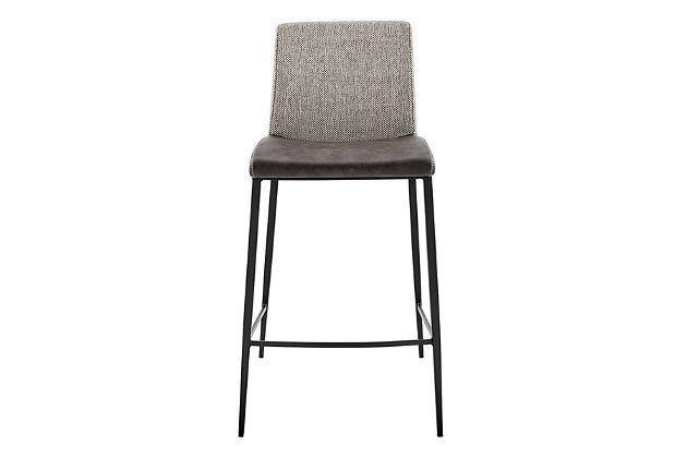 The neutral palette of the Rasmus Bar Stool makes it an ideal choice for a variety of different environments. The juxtaposition of the soft leatherette seat and the woven back fabric create a subtle but unique impression.Soft leatherette over foam seat | Fabric over foam back | Steel legs and footrest powdercoat black | Assembly required | Dark gray finish