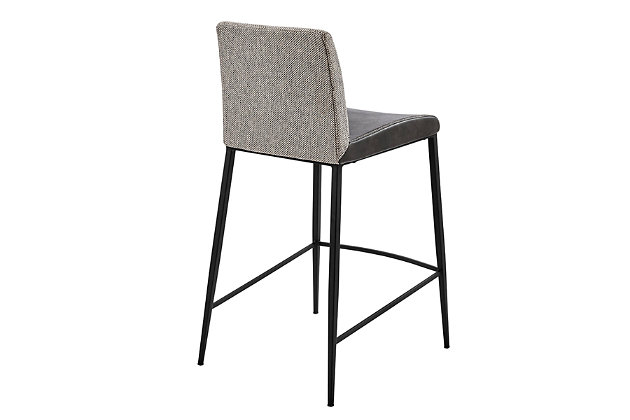 The neutral palette of the Rasmus Bar Stool makes it an ideal choice for a variety of different environments. The juxtaposition of the soft leatherette seat and the woven back fabric create a subtle but unique impression.Soft leatherette over foam seat | Fabric over foam back | Steel legs and footrest powdercoat black | Assembly required | Dark gray finish