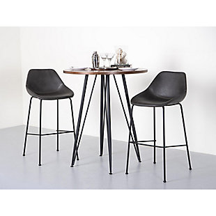 The Corinna Counter Stool combines a rich, vintage leatherette seat and back with a contemporary silhouette. This stylish and versatile stool has baseball stitching accents on the seat and a strong and flexible base is made of solid round matte black steel.Vintage leatherette over seat and back | Solid round matte black steel base | Plastic feet | Assembly required | Dark gray finish