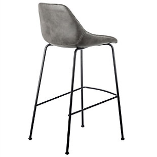 The Corinna Counter Stool combines a rich, vintage leatherette seat and back with a contemporary silhouette. This stylish and versatile stool has baseball stitching accents on the seat and a strong and flexible base is made of solid round matte black steel.Vintage leatherette over seat and back | Solid round matte black steel base | Plastic feet | Assembly required | Dark gray finish