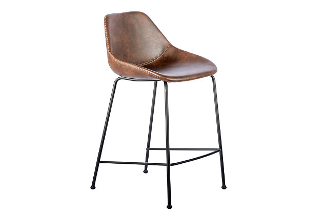 The Corinna Bar Stool combines a rich, vintage leatherette seat and back with a contemporary silhouette. This stylish and versatile stool has baseball stitching accents on the seat and a strong and flexible base is made of solid round matte black steel.Vintage leatherette over seat and back | Solid round matte black steel base | Plastic feet | Assembly required | Brown finish