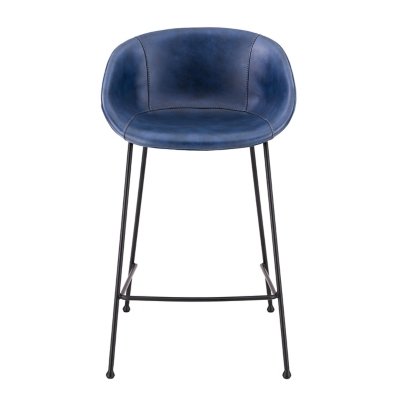 Euro Style Zach-B Bar Stool with Dark Blue Leatherette and Matte Black Powder Coated Steel Frame and Legs - Set of 2, Dark Blue, large