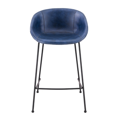 Euro Style Zach-B Bar Stool with Dark Blue Leatherette and Matte Black Powder Coated Steel Frame and Legs - Set of 2, Dark Blue, rollover