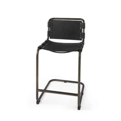 Berbick Black Leather with Iron Frame Counter Stool, Black, large