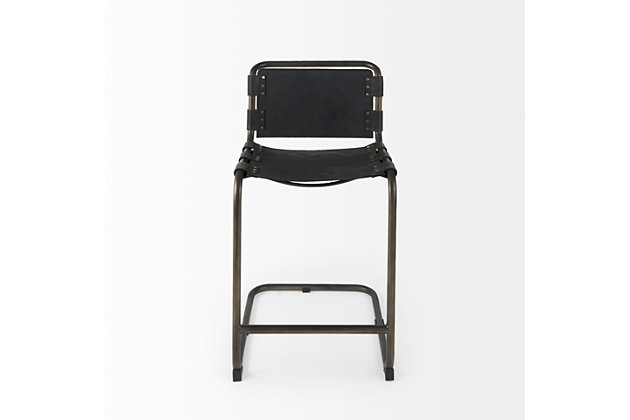 Braced by a solid, pipe style, cantilever metal frame finished in a gun metal gray tone, the Berbick counter-height chair is stable and exceptionally sturdy.At 20.5" long, 24.8" wide and 37.8" tall, the Berbick is a stylish seating option that pairs well with most standard-sized kitchen counters. | In addition to sturdy construction, the Berbick also flaunts a superior, gun metal gray polish on the metal frame that is complemented by the distressed black leather seating, and adds to the visuals of this piece. | Braced by a solid, pipe style, cantilever metal frame finished in a gun metal gray tone, the Berbick counter-height chair is stable and exceptionally sturdy. | The Berbick, featuring an open-back style seat crafted from posh distressed black leather, makes not only for a comfortable seating option but also a visually enticing addition to any bar. | Prudently designed to uplift modern spaces, the Berbick counter-height chair flaunts a sleek silhouette, with subtle curves and clean lines. | Delivered pre-assembled, the Berbick is ready to turn heads in your space as soon as it arrives at your doorstep.