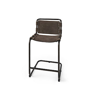 Braced by a solid, pipe style, cantilever metal frame finished in a gun metal gray tone, the Berbick counter-height chair is stable and exceptionally sturdy.At 20.5" long, 24.8" wide and 37.8" tall, the Berbick is a stylish seating option that pairs well with most standard-sized kitchen counters. | In addition to sturdy construction, the Berbick also flaunts a superior, gun metal gray polish on the metal frame that is complemented by the dark brown leather seating, and adds to the visuals of this piece. | Braced by a solid, pipe style, cantilever metal frame finished in a gun metal gray tone, the Berbick counter-height chair is stable and exceptionally sturdy. | The Berbick, featuring an open-back style seat crafted from posh dark brown toned leather, makes not only for a comfortable seating option but also a visually enticing addition to any bar. | Prudently designed to uplift modern spaces, the Berbick counter-height chair flaunts a sleek silhouette, with subtle curves and clean lines. | Delivered pre-assembled, the Berbick is ready to turn heads in your space as soon as it arrives at your doorstep.