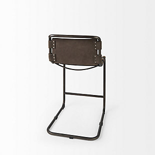 Braced by a solid, pipe style, cantilever metal frame finished in a gun metal gray tone, the Berbick counter-height chair is stable and exceptionally sturdy.At 20.5" long, 24.8" wide and 37.8" tall, the Berbick is a stylish seating option that pairs well with most standard-sized kitchen counters. | In addition to sturdy construction, the Berbick also flaunts a superior, gun metal gray polish on the metal frame that is complemented by the dark brown leather seating, and adds to the visuals of this piece. | Braced by a solid, pipe style, cantilever metal frame finished in a gun metal gray tone, the Berbick counter-height chair is stable and exceptionally sturdy. | The Berbick, featuring an open-back style seat crafted from posh dark brown toned leather, makes not only for a comfortable seating option but also a visually enticing addition to any bar. | Prudently designed to uplift modern spaces, the Berbick counter-height chair flaunts a sleek silhouette, with subtle curves and clean lines. | Delivered pre-assembled, the Berbick is ready to turn heads in your space as soon as it arrives at your doorstep.