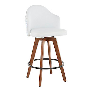 Ahoy Mid-Century Counter Stool in Walnut and White Fabric with Blue Coral Design, Walnut/White/Blue, large