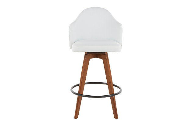 The Mid-Century charm of the Ahoy Counter Stool combines sturdy construction with aesthetic appeal. Sleek fabric upholstery is accented by a coral patterned back and stylish wood legs. Available in a variety of color and pattern combinations.Fixed counter height | 360-degree swivel | Stylish fabric upholstery | Coral pattern accent
