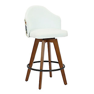 Ahoy Mid-Century Counter Stool in Walnut and White Fabric with Floral Design, Walnut/White, large
