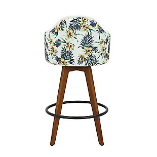 The Mid-Century charm of the Ahoy Counter Stool combines sturdy construction with aesthetic appeal. Sleek fabric upholstery is accented by a floral patterned back and stylish wood legs. Available in a variety of color and pattern combinations.Fixed counter height | 360-degree swivel | Stylish fabric upholstery | Floral pattern accent
