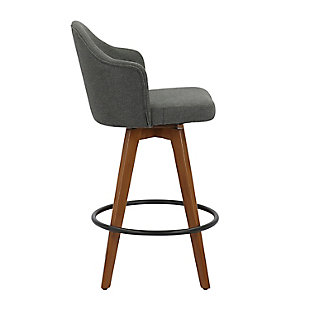 The Mid-Century charm of the Ahoy Counter Stool combines sturdy construction with aesthetic appeal. Sleek fabric upholstery is  accented stylish wood legs. Available in a variety of color and pattern combinations.Fixed counter height | 360-degree swivel | Stylish fabric upholstery | Built-in footrest