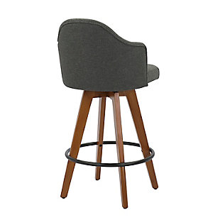 The Mid-Century charm of the Ahoy Counter Stool combines sturdy construction with aesthetic appeal. Sleek fabric upholstery is  accented stylish wood legs. Available in a variety of color and pattern combinations.Fixed counter height | 360-degree swivel | Stylish fabric upholstery | Built-in footrest