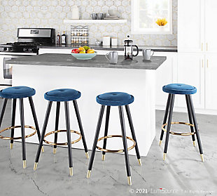 Cavalier Glam Counter Stool in Black Wood and Blue Velvet with Gold Accent  - Set of 2, Black/Blue/Gold, rollover