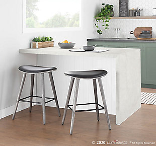 Ultimate comfort meets the ultimate style in the Saddle Counter Stool by LumiSource. With a generous contoured upholstered seat atop tapered wood legs and metal footrest, this fixed-base stool puts you in the saddle. Available in a variety of finishes and upholstery options.Fixed counter height | Stylish faux leather upholstery | Tapered wood legs | Includes two counter stools