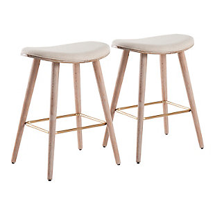 Saddle 26" Contemporary Counter Stool in White Washed Wood and Cream Fabric with Gold Metal - Set of 2, White Washed/Gold/Cream, large