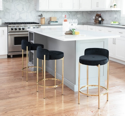 Chloe Contemporary Counter Stool in Gold Metal and Black Velvet  - Set of 2, Gold/Black, large