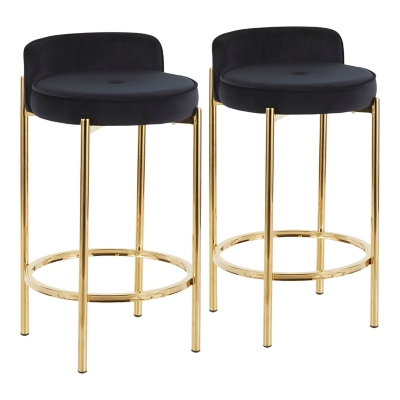 Chloe Contemporary Counter Stool in Gold Metal and Black Velvet - Set of 2, Gold/Black, large