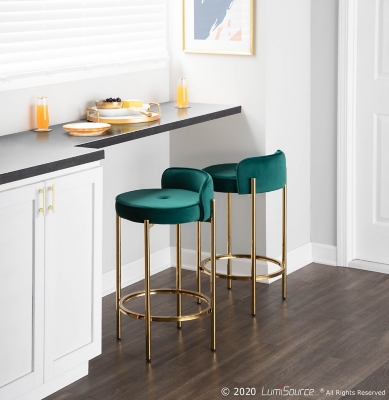 Chloe Contemporary Counter Stool in Gold Metal and Green Velvet  - Set of 2, Gold/Green, large