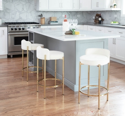 Chloe Contemporary Counter Stool in Gold Metal and White Velvet - Set of 2, Gold/White, large