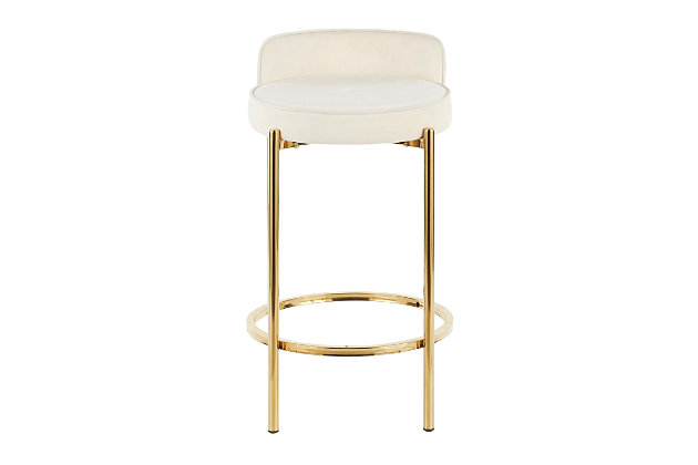 Add a dash of glam to your dining space with the Chloe Counter Stool by LumiSource. With a rich velvet upholstered seat and backrest, stylish tufting, and plush padding, the Chloe is accented by a luminous gold metal base. Available in a variety of colors, choose the one that fits your glam area the best!Fixed counter height | Stylish velvet upholstery | Sleek gold frame | Includes two counter stools