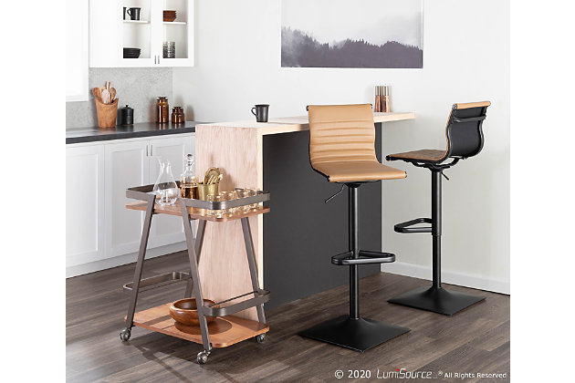 A classic look redefined. The Master Bar Stool is the perfect marriage of modern style and comfort. With its slightly angled faux leather seat and black metal base, this bar stool is as appealing to the eye as it is to the body. A great addition to your bar or kitchen area.Adjustable height | 360-degree swivel | Stylish faux leather upholstery | Sleek black metal base