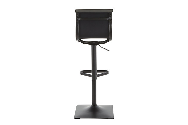A classic look redefined. The Master Bar Stool is the perfect marriage of modern style and comfort. With its slightly angled faux leather seat and black metal base, this bar stool is as appealing to the eye as it is to the body. A great addition to your bar or kitchen area.Adjustable height | 360-degree swivel | Stylish faux leather upholstery | Sleek black metal base