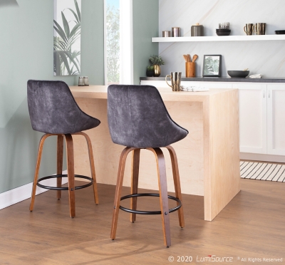 Diana Contemporary Counter Stool in Walnut Wood and Grey Corduroy with Black Round Footrest  - Set of 2, Walnut/Gray/Black, large