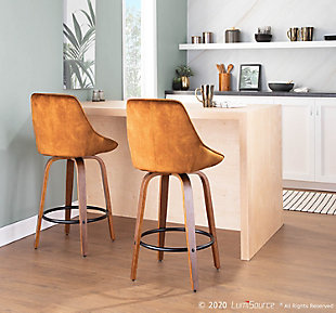 Stylish and oh-so-comfortable the Diana Counter Stool is royally suitable for any Counter area. Upholstered in luxurious velvet or corduroy fabric and sleek walnut wood legs, the Diana is available in a variety of upholstery colors. Choose the one that fits your space the best!Fixed counter height | Stylish velvet upholstery | Round built-in footrest with black finish | Incudes two counter stools