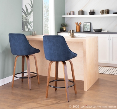 Diana Contemporary Counter Stool in Walnut Wood and Blue Velvet with Black Round Footrest  - Set of 2, Walnut/Blue/Black, large