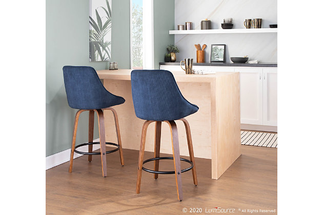 Stylish and oh-so-comfortable the Diana Counter Stool is royally suitable for any Counter area. Upholstered in luxurious velvet or corduroy fabric and sleek walnut wood legs, the Diana is available in a variety of upholstery colors. Choose the one that fits your space the best!Fixed counter height | Stylish velvet upholstery | Round built-in footrest with black finish | Incudes two counter stools