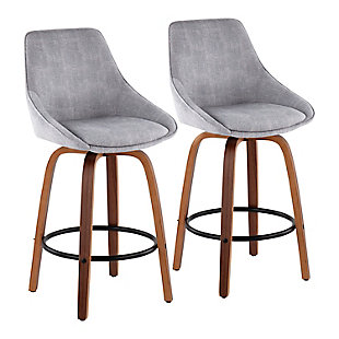 Diana Contemporary Counter Stool in Walnut Wood and Gray Corduroy with Black Round Footrest - Set of 2, , large