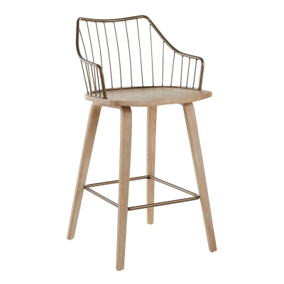Winston Farmhouse Counter Stool in White Washed Wood and Antique Copper Metal, White/Antique Copper, large