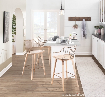 Kitchen island with Winston stools and dining setup
