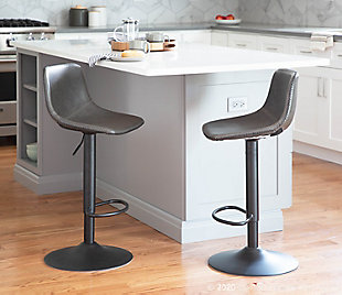 Duke Industrial Adjustable Barstool in Black Metal and Grey Faux Leather - Set of 2, Black/Gray, rollover