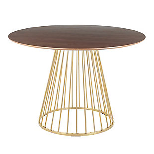 Canary Contemporary/Glam Dining Table in Gold Metal and Walnut Top, Brown, large