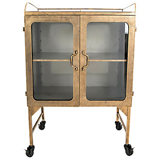 Creative Co-Op Metal Cabinet With Locking Caster Wheels And Glass Doors, Gold, rollover