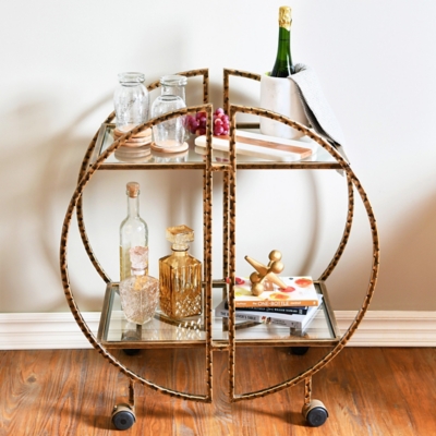 Creative Co-Op Modern Hammered Brass Round Bar Cart, , rollover