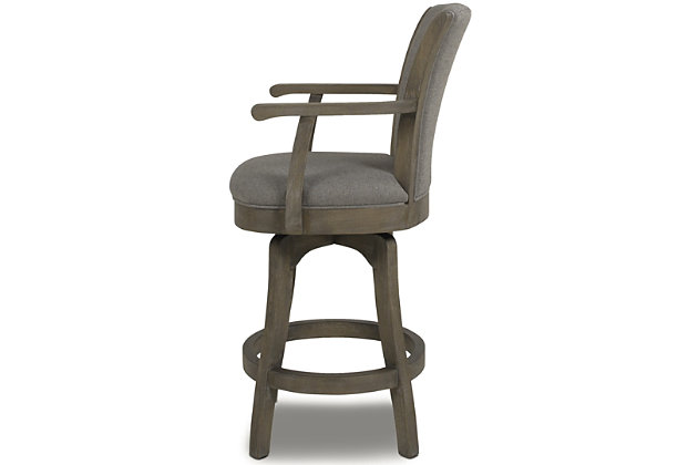The Williams Swivel Bar Stool Collection by Jennifer Taylor Home puts a spin on that classic bar stool flair. Featuring a convenient 360-degree swivel seat complete with a plush upholstered backrest and wooden armrests, these oak bar stools capture that natural farmhouse vintage chic with a textured wood frame in a rich dark stain. Available in 30" bar and 27" counter seat heights, the Williams lets you wine and dine in comfort whether it’s at your in-home pub table or kitchen counter. A brass kickplate is included on the ringed footrest to preserve and protect the style of your stool.Handmade by master furniture craftsmen for the highest level of quality | Sturdy frame of kiln-dried solid wood and layered plywood provides excellent support and stability | Brass-plated footrest provides comfortable seating and resists scuffs and scratches | Smooth 360-degree swivel rotation makes getting on and off the stool a breeze | Available in 30" and 27" seat heights for bars and counters | 360 degree swivel function for easy access to the seat