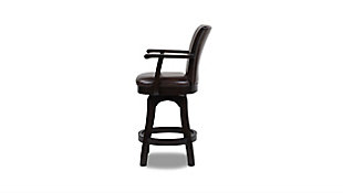 The Williams Swivel Bar Stool Collection by Jennifer Taylor Home puts a spin on that classic bar stool flair. Featuring a convenient 360-degree swivel seat complete with a plush upholstered backrest and wooden armrests, these oak bar stools capture that natural farmhouse vintage chic with a textured wood frame in a rich dark stain. Available in 30" bar and 27" counter seat heights, the Williams lets you wine and dine in comfort whether it’s at your in-home pub table or kitchen counter. A brass kickplate is included on the ringed footrest to preserve and protect the style of your stool.Handmade by master furniture craftsmen for the highest level of quality | Sturdy frame of kiln-dried solid wood and layered plywood provides excellent support and stability | Brass-plated footrest provides comfortable seating and resists scuffs and scratches | Smooth 360-degree swivel rotation makes getting on and off the stool a breeze | Available in 30" and 27" seat heights for bars and counters | 360 degree swivel function for easy access to the seat