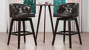 Classic and refined, the Davidson Bar Stool Collection by Jennifer Taylor Home shows of great design and functionality. Featuring a low back and recessed arms with button tufted details and hand applied nail heads, the craftsmanship of the Davidson stool is undeniable. The 360 degree swivel base and solid wood legs with a footrest accented with brass kickplate are quality functional elements that guarantee functionality and durability. Available in both counter- and bar-heights, the Davidson stool is perfect for any dining area, from a kitchen island to a man-cave bar.Handmade by master furniture craftsmen for the highest level of quality | Sturdy frame of solid wood and sinuous springs provides excellent support and stability | Brass-plated footrest provides comfortable seating and resists scuffs and scratches | Upholstered in peel and crack resistant faux leather for easy cleaning and durability | Hand pulled button tufting and barrel seat silhouette for style, comfort, and support | 360 degree swivel function for easy access to the seat