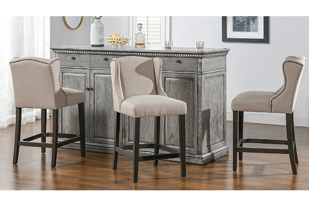 Classic and timless, the Suzie Collection of bar stools by Jennifer Taylor Home infuses any dining or kitchen space with a touch of refinement. The wingback shelter silhouette on the mid-high back offers substantial support for a comfortable seating experience. The armless design allows the seat to be pushed in completely when not in use. The legs are of solid wood with a protective kickplate for long-lasting durability. Perfect anywhere you need counter-height bar seating whether at your kitchen island, dining room, or bar and game room.Handmade by master furniture craftsmen for the highest level of quality | Sturdy frame of kiln-dried solid birchwood and layered plywood provides excellent support and stability | Upholstered in velvet atop a high-density foam cushion for a medium firm feel | Dust-lined high-strength sinuous spring suspension provides long lasting comfort and style | Easy clean and durable 100% Polyester upholstery fabric | Foot rest for easy seating and comfort