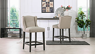 Classic and timless, the Suzie Collection of bar stools by Jennifer Taylor Home infuses any dining or kitchen space with a touch of refinement. The wingback shelter silhouette on the mid-high back offers substantial support for a comfortable seating experience. The armless design allows the seat to be pushed in completely when not in use. The legs are of solid wood with a protective kickplate for long-lasting durability. Perfect anywhere you need counter-height bar seating whether at your kitchen island, dining room, or bar and game room.Handmade by master furniture craftsmen for the highest level of quality | Sturdy frame of kiln-dried solid birchwood and layered plywood provides excellent support and stability | Upholstered in velvet atop a high-density foam cushion for a medium firm feel | Dust-lined high-strength sinuous spring suspension provides long lasting comfort and style | Easy clean and durable 100% Polyester upholstery fabric | Foot rest for easy seating and comfort