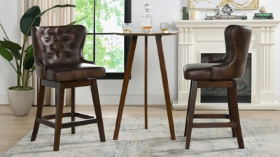 Jennifer Taylor Home Holmes Tufted High-Back 360 Swivel Counter-Height Barstool, Mid Brown Faux Leather