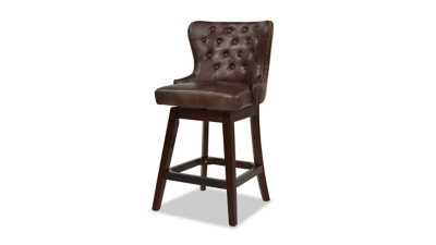 Jennifer Taylor Home Holmes Tufted High-Back 360 Swivel Counter-Height Barstool, Mid Brown Faux Leather, Mid Brown, large