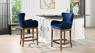 For a statement at any dining or island table, look to the Blake Bar Stool Collection by Jennifer Taylor Home. The beautifully curved silhouette of the arms and back is studded with nailheads for a bit of added detail. The low arms provide additional support while still allowing the stool to be pushed in most counter tables when not in use. The footrest is at a perfect height to rest your legs with an added brass kickplate to protect the solid wood frame. The 26" height of this stool is perfect for any counter-height table including your kitchen island, dining table, or a bar or game room setup.Handmade by master furniture craftsmen for the highest level of quality | Sturdy frame of kiln-dried solid birchwood and layered plywood provides excellent support and stability | Upholstered in velvet atop a high-density foam cushion for a medium firm feel | Dust-lined high-strength sinuous spring suspension provides long lasting comfort and style | Easy clean and durable 100% Polyester upholstery fabric | Foot rest for easy seating and comfort
