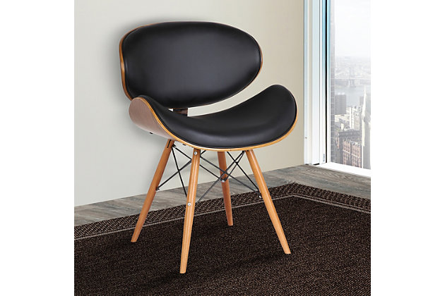The Armen Living Cassie mid-century dining chair offers an optimal degree of comfort and style, perfect for the contemporary dining or living room. This modern dining chair features a softly curved back framed in a walnut wood finish and upholstered with plush faux leather. The Eiffel leg design features metal wires which enhance the support and durability of the tapered walnut wood legs. The Cassie even comes with floor protectors to ensure stability and minimize the risk of floor scratches. The thick medium-firm density cushion seat and back will provide you with all-day comfort. The medium-high open lower back is ideal for posture alignment and an unmatched support for days on end. The foundation of the product is supported by solid walnut wood for a chic and stylish aesthetic without comprising the practicality and functionality of this item. This item is a versatile piece that can be ideal for dining, kitchen, or even home office desk chairs. This product ships in one box with an easy and quick set up. We stand by the quality, the craftsmanship, and the integrity of our product by offering a 1-year warranty for all our products. The Cassie's upholstered seat comes in two sleek colors choices: black and gray. Product Dimensions: 21"W x 20"D x 31"H SH: 18"Mid-century modern and contemporary but can blend into any design providing an inviting centerpiece for your guests | Solid walnut wood finish for durability and longevity | Plush upholstered seat and back are accented by a sturdy walnut shell | Great for kitchen, dining, home office space,commercial setting or any living space in your home | Spot clean | Assembly required | Comes with a standard 1-year limited warranty
