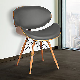 The Armen Living Cassie mid-century dining chair offers an optimal degree of comfort and style, perfect for the contemporary dining or living room. This modern dining chair features a softly curved back framed in a walnut wood finish and upholstered with plush faux leather. The Eiffel leg design features metal wires which enhance the support and durability of the tapered walnut wood legs. The Cassie even comes with floor protectors to ensure stability and minimize the risk of floor scratches. The thick medium-firm density cushion seat and back will provide you with all-day comfort. The medium-high open lower back is ideal for posture alignment and an unmatched support for days on end. The foundation of the product is supported by solid walnut wood for a chic and stylish aesthetic without comprising the practicality and functionality of this item. This item is a versatile piece that can be ideal for dining, kitchen, or even home office desk chairs. This product ships in one box with an easy and quick set up. We stand by the quality, the craftsmanship, and the integrity of our product by offering a 1-year warranty for all our products. The Cassie's upholstered seat comes in two sleek colors choices: black and gray. Product Dimensions: 21"W x 20"D x 31"H SH: 18"Mid-century modern and contemporary but can blend into any design providing an inviting centerpiece for your guests | Solid walnut wood finish for durability and longevity | Crafted to perfection for years of enjoyment | Great for kitchen, dining, home office space, commercial setting or any living space in your home | Spot clean | Assembly required | Comes with a standard 1-year limited warranty