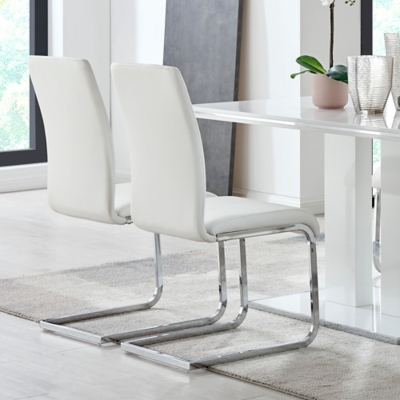 Amanda Dining Accent Chair in White Faux Leather and Chrome Finish - Set of 2, White, large
